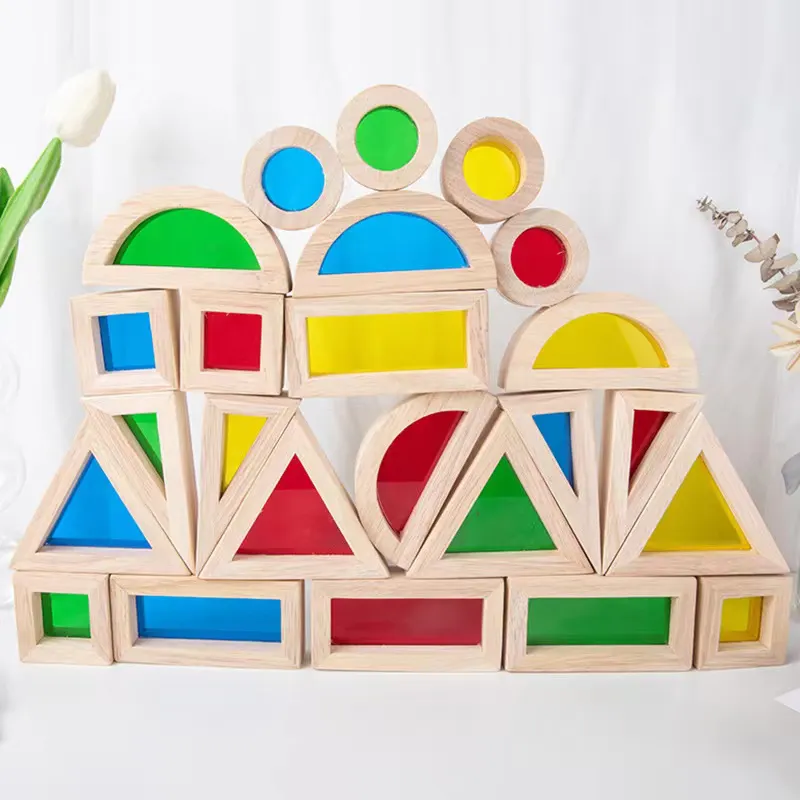 Crianças Montessori Brinquedo De Madeira Sensorial Arco-íris Espelho Blocos De Madeira De Borracha Sólida Empilhamento De Construção De Acrílico Empilhador Jogo Educacional