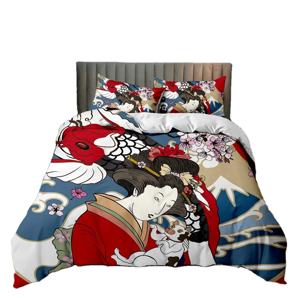 ชุดเครื่องนอนสไตล์ญี่ปุ่น,ผ้าคลุมผ้านวมคลุมลายกิโมโนแบบดั้งเดิมผ้าคลุมฟูเกอิชาผ้าโพลีเอสเตอร์ญี่ปุ่นปลอกผ้านวมราชินีโตเกียว