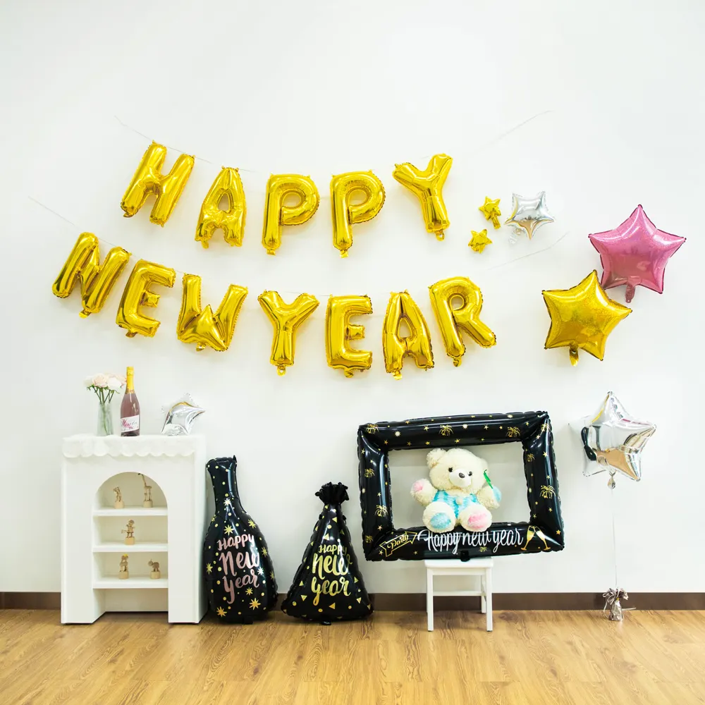 Aangepaste New Year 'S Folieballon Fotolijst Party Hoedfles Happy New Year Letter Party Setup Ballonset Decoratie