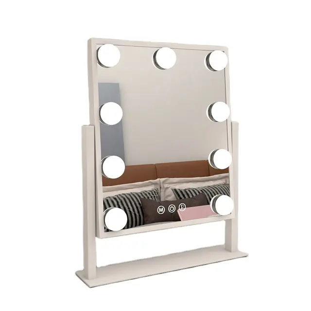 Espejo de tocador con pantalla táctil de 9 bombillas de diseñador, mesa de maquillaje LED estilo Hollywood con marco de MDF de vidrio de tocador con luz LED