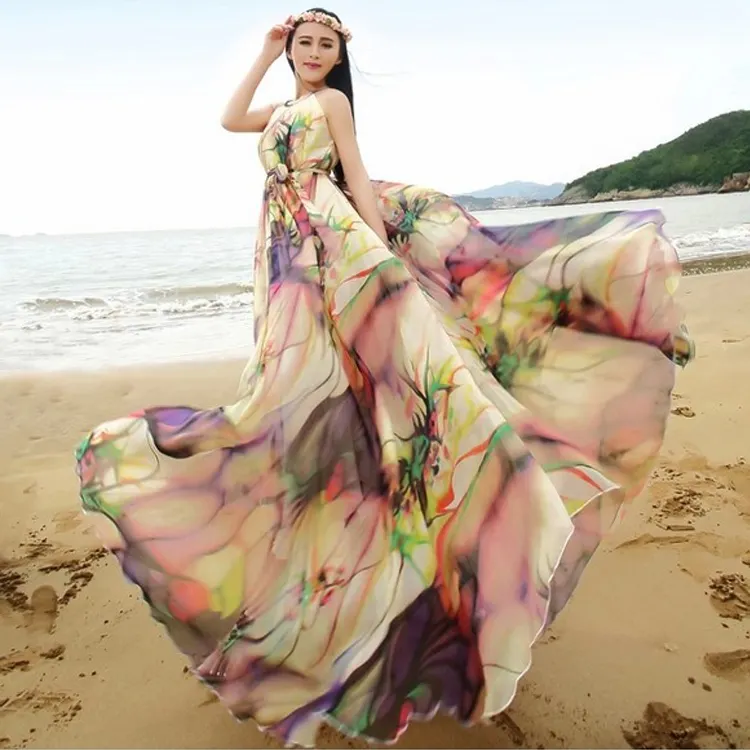 High Quality Bohemia Chiffon Maxi Dress Floral Vestidos Holiday Beach Casual Summer Dresses Plus Size woman clothing