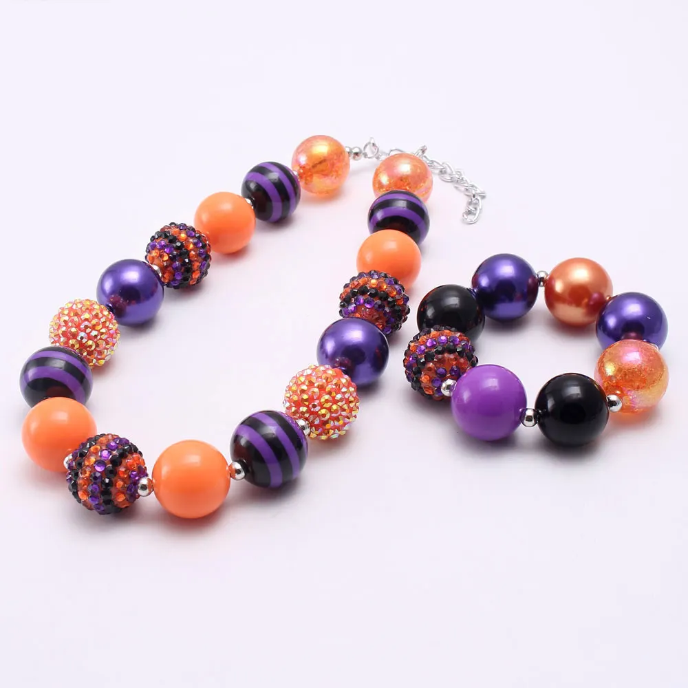 Halloween Noël 20mm Acrylique Rayé Chunky Perle Collier Bijoux Ensemble Enfants