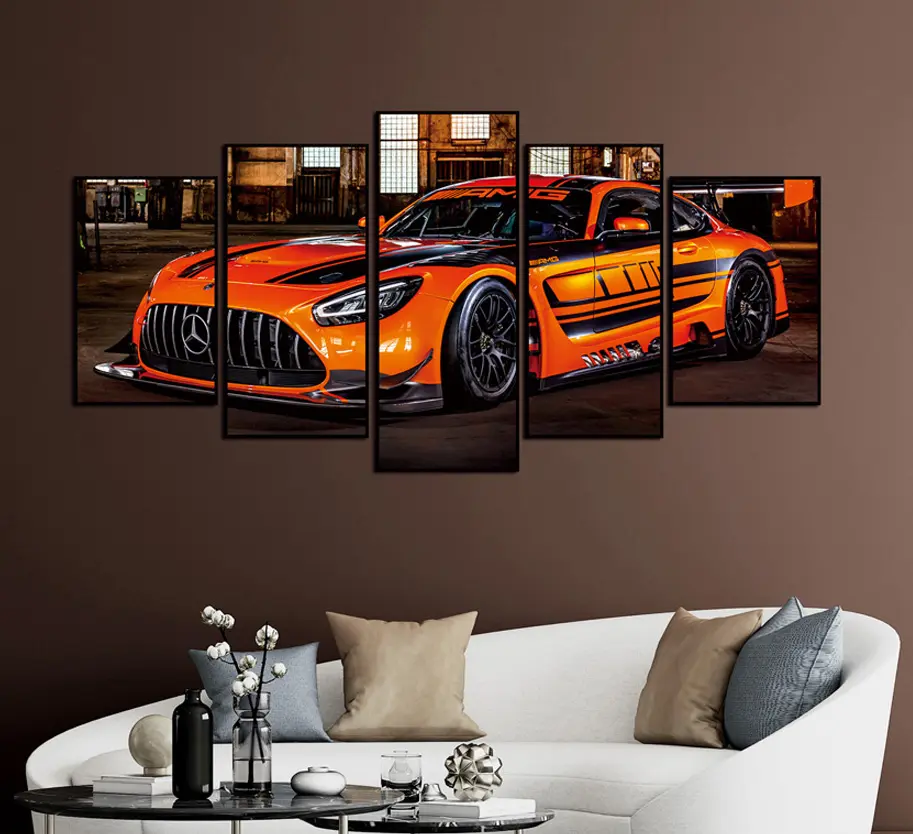مودرن برايمد ملصق فني برتقالي للسيارات الرياضية السوبر سيارة السباق الجدار الطباعة للديكور لوحات 5 لوحات القماش
