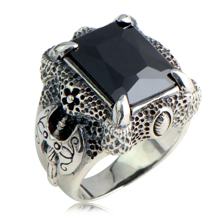 개인화 된 925 스털링 실버 도끼 용 발톱 디자인 남자 실버 검은 돌 반지 큰 사각형 보석 반지
