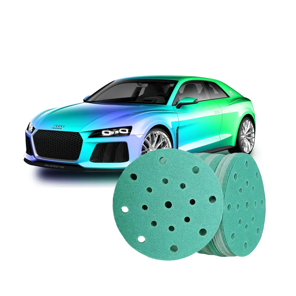 Disco de lixa base de filme de poliéster verde, disco abrasivo de papel para lixar automóveis, para polimento de carros