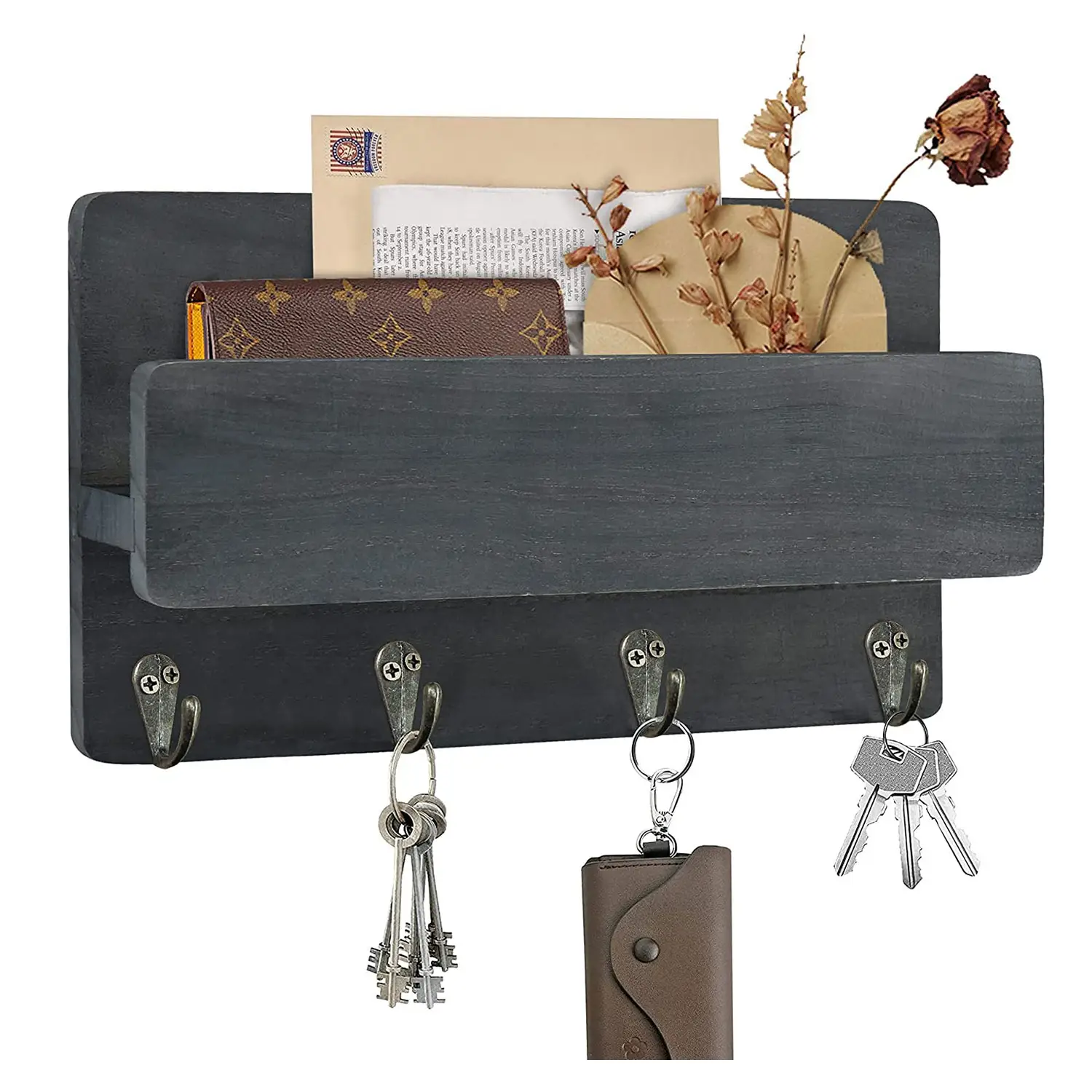 Suporte rústico de parede de madeira com 4 ganchos, organizador de entrada para correio de carta, suporte de revista