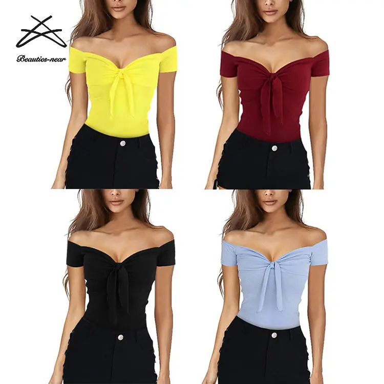 Ladies Plus Size Hot Sale Summer Solid Color Sexy Off The Shoulder Bow Tie Top Women Casual T Shirt Short Sleeve Top