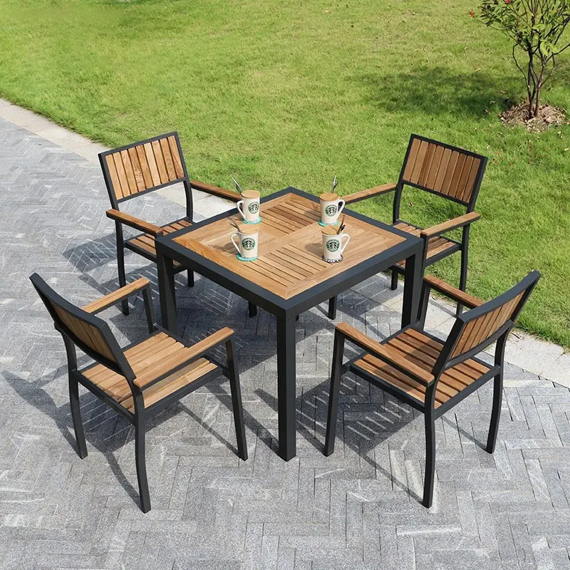 Teak tavolo da pranzo all'aperto e combinazione sedia cortile mobili da giardino cafe al di fuori terrazza in legno massiccio tavolo da pranzo