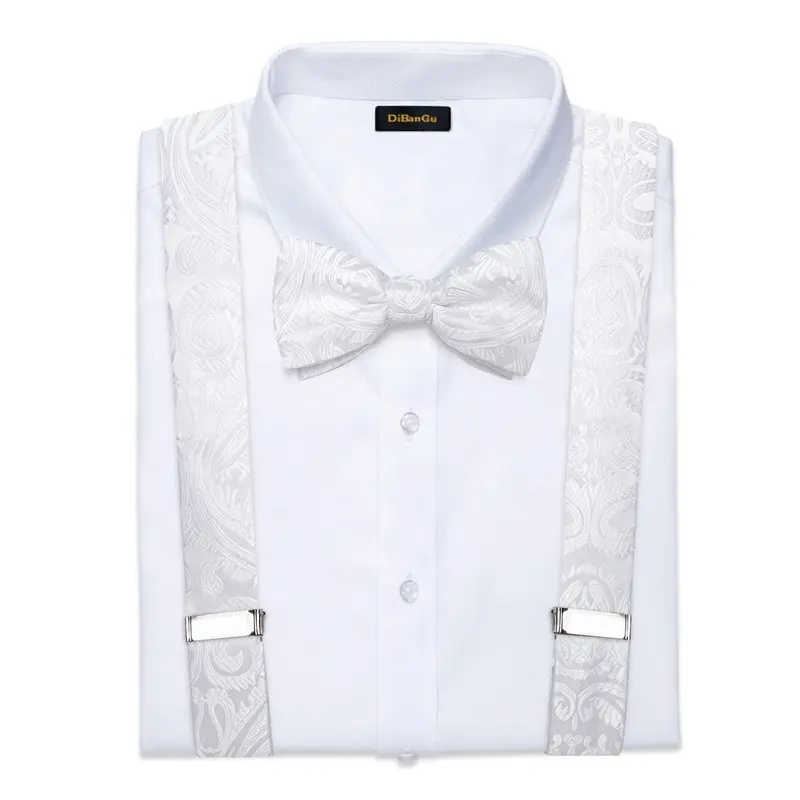 Luxe blanc soie hommes bretelles réglables 6 Clips bretelles cuir métal pré-attaché noeud papillon broche poche carré ensemble