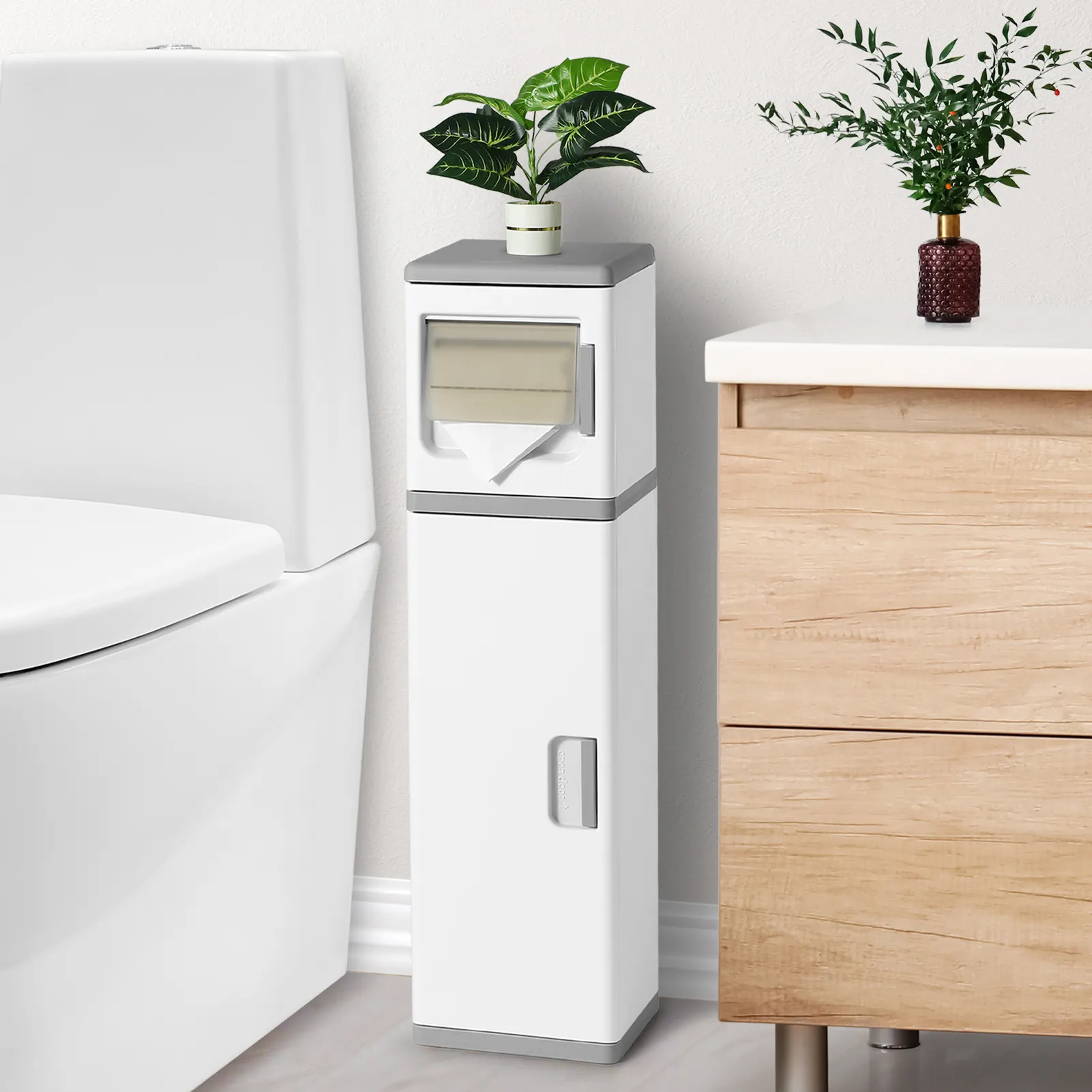 ตู้เก็บของในห้องน้ำ,ที่วางกระดาษชำระขนาดเล็กพร้อมประตูและชั้นวางอุปกรณ์จัดระเบียบในตู้โต๊ะเครื่องแป้งห้องน้ำแบบแคบ2ชั้น