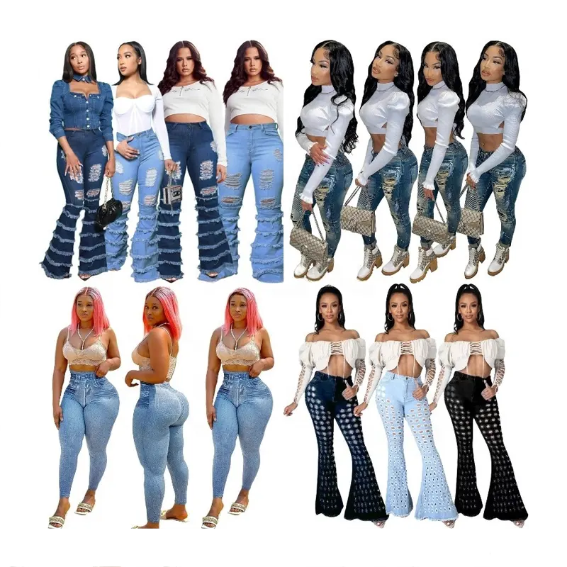 Pantalones vaqueros con hebilla diagonal personalizados de talla grande para mujer, ropa de calle, pantalones vaqueros desgastados para mujer, pantalones vaqueros rasgados ajustados para mujer