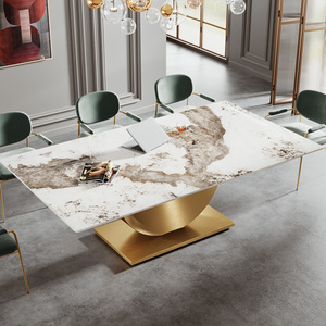 Mesa de comedor de mármol moderna rectangular de alta gama de 2m de largo y 10 plazas con tablero de pizarra Pandora y base dorada de acero inoxidable - Product Image 5