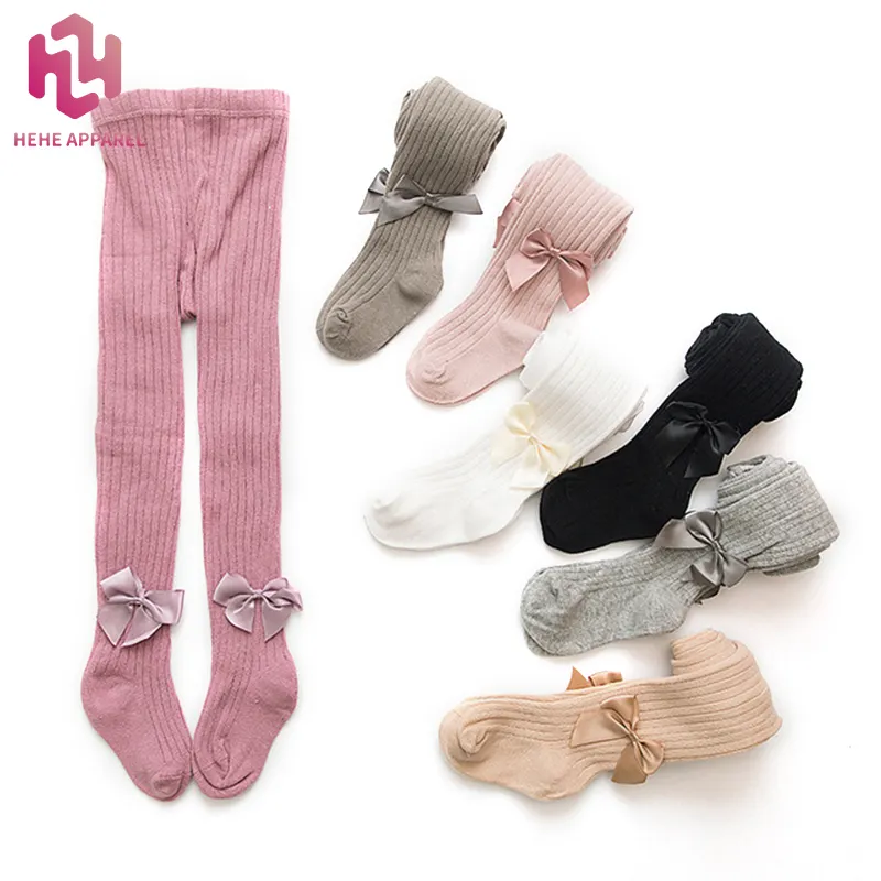 HeHe-mallas de algodón suave para bebés, calcetines de punto sólido para niños pequeños, medias cálidas, pantalones para recién nacidos con lazo