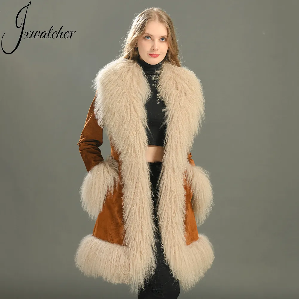 Оптовая Продажа с фабрики, длинное пальто из натуральной овчины, плотное теплое пальто с воротником из натурального меха ягненка, роскошное зимнее женское кожаное замшевое пальто