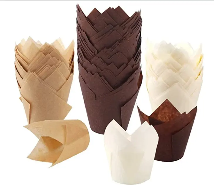 Tulip Cupcake Baking Cups, Muffin Baking Liners Holders Rustic Cupcake Wrapper Brown, White and Nature Color