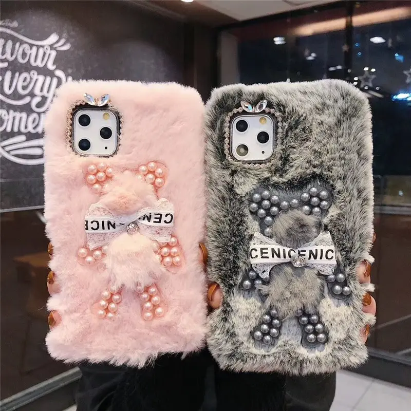 Ragazze simpatico design animale orso coniglio pelo pelliccia diamante perla visone peloso soffice custodia per cellulare per iPhone 11 pro max XS XR