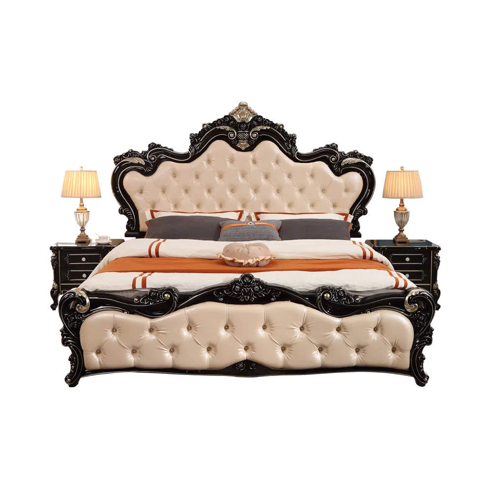 बेडरूम फर्नीचर सुरुचिपूर्ण लक्जरी डिजाइन ठोस लकड़ी के फ्रेम बिस्तर राजा आकार हाथ नक्काशीदार चमड़े बिस्तर