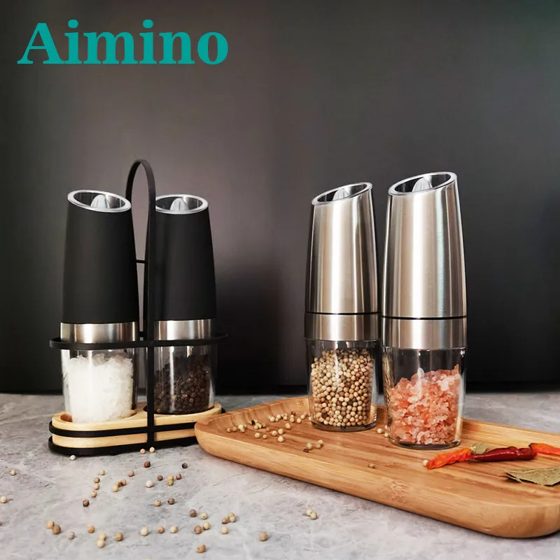 Aimino Oem Kruiden Grinder Voor Keuken Tool Led Light Batterij Aangedreven Zwaartekracht Elektrische Spice Zout Pepermolen
