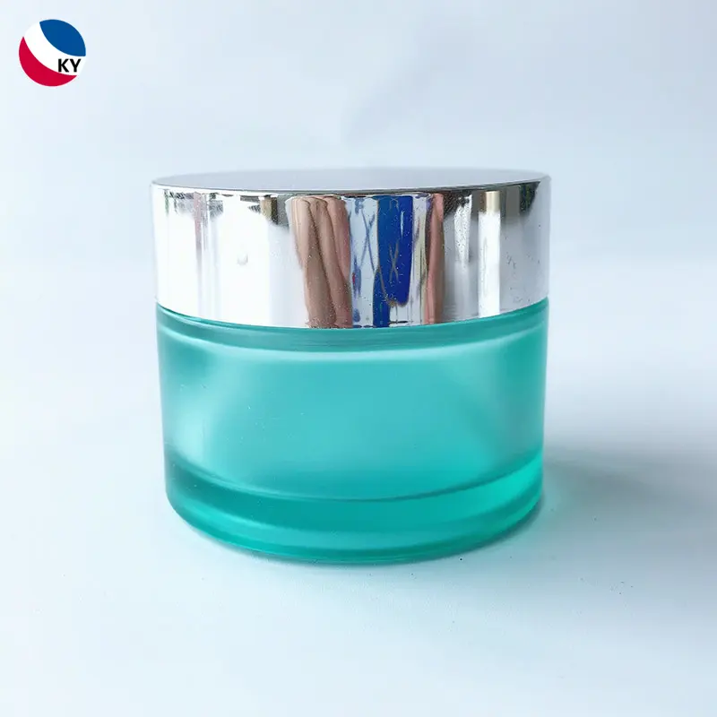 Frasco de crema de vidrio azul esmerilado, transparente, con tapa de plata, 50g, envase de vidrio cosmético vacío