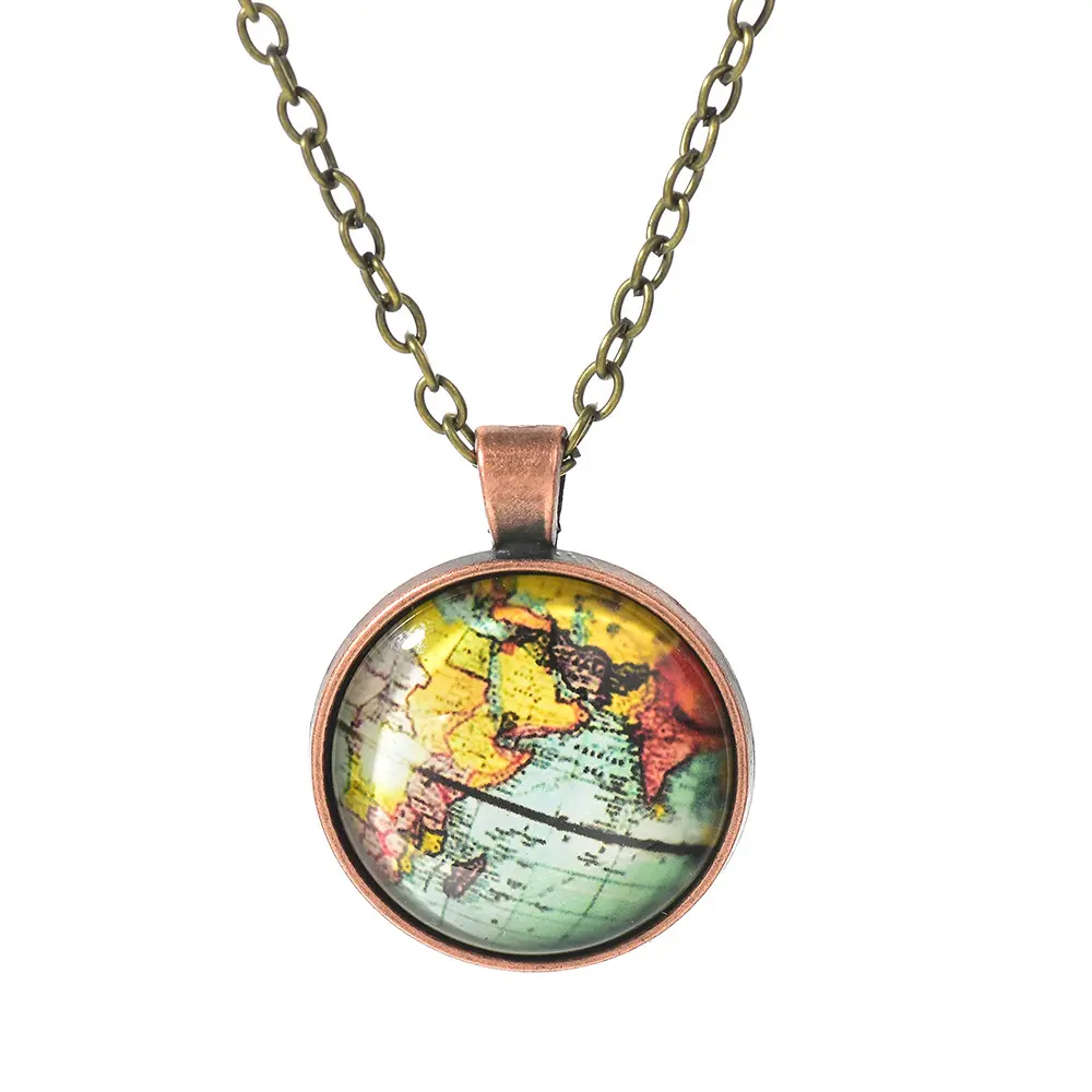 Wholesale Globe Dome Time Gem Necklace Double Sided Round Glass Ball Earth World Map Pendant Chain Map Necklace