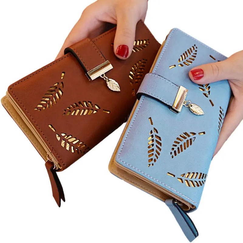 Carteiras baratas Para Mulheres Leaf Mobile Phone Bags Zipper Long Purse Handbags PU Leather Money Clip Cash Senhoras Carteiras