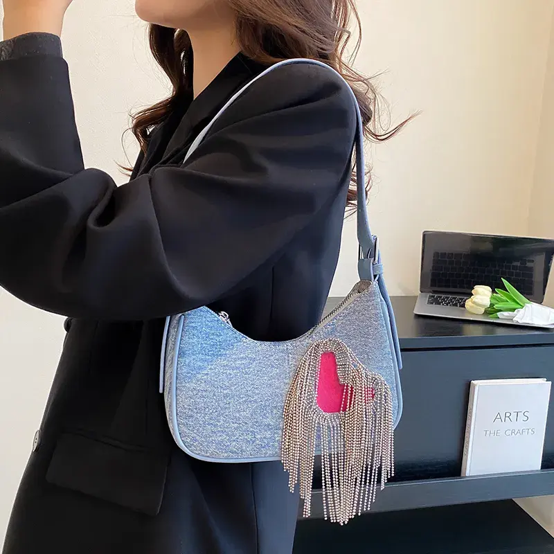 Bolso de moda para mujer, elegante bolso de tela vaquera para mujer, elegante bolso de hombro con diamantes y borlas, monedero para mujer