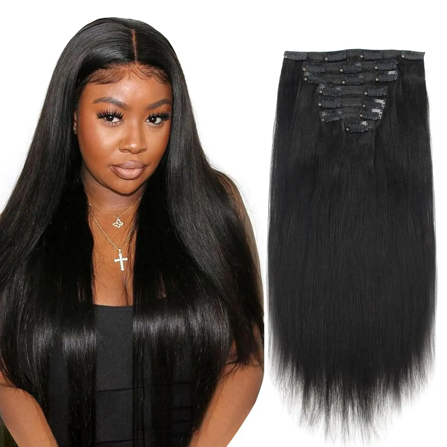 Yaki Straight Clip In Human Hair Extensions For Black Women Kinky Hair Clip Ins Virgin Natural Hair