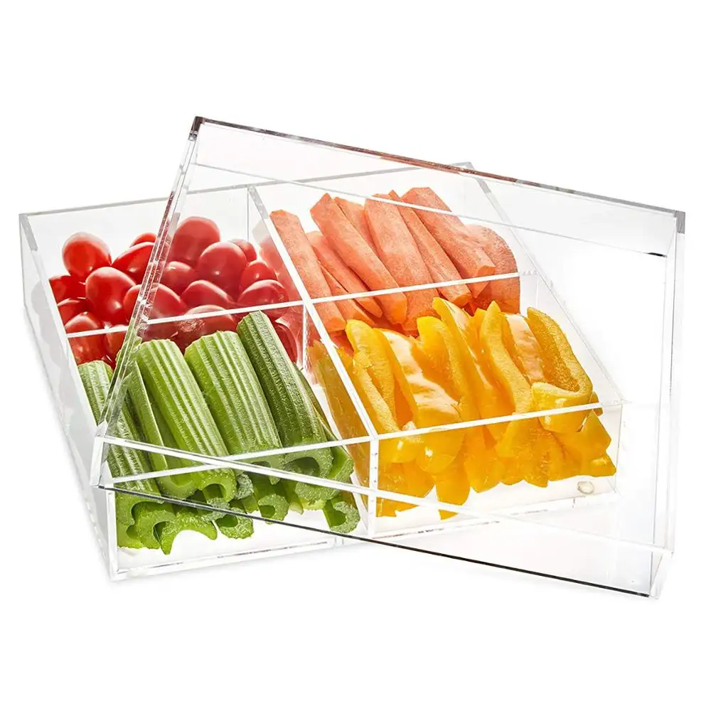 VONVIK — plateau de service en acrylique transparent, 4 compartiments, plateau carré pour barbecue avec couvercle, avec couvercle, ustensile de cuisine