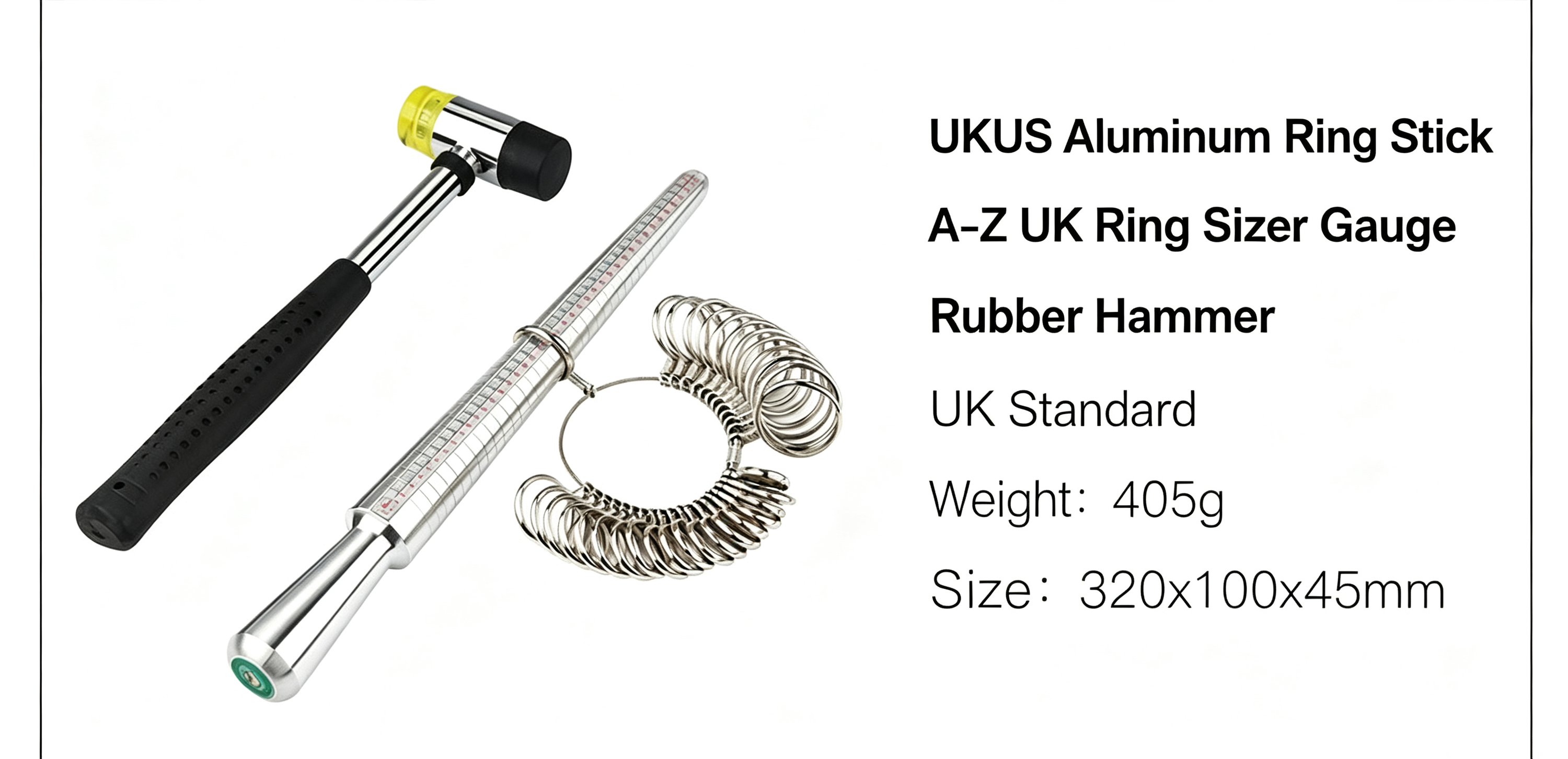 Ring Stick With A-Z UK Ring Sizer Gauge And Rubber Hammer