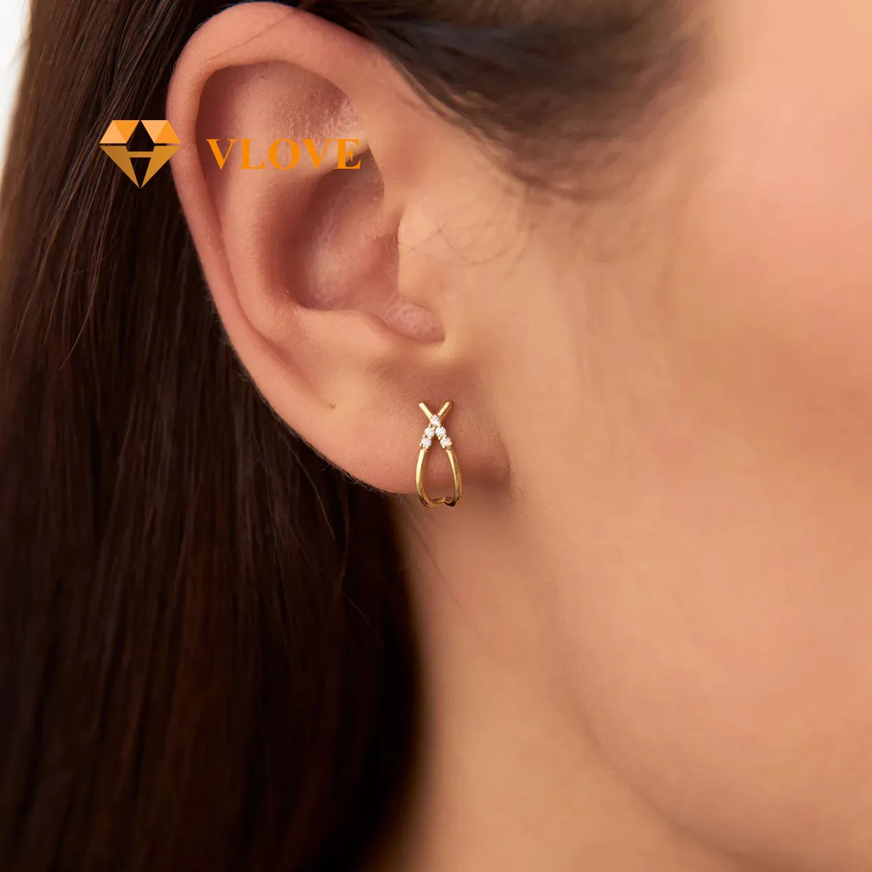 VLOVE Women Luxury Jewelry Solid Gold Jewelry 14k CrissCross Half Hoop Diamond Stud Earrings