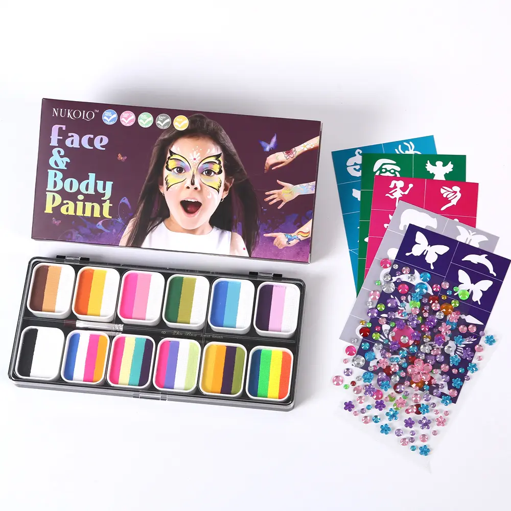 Complete Kids Face Paint Kit 12 Cores Stencils Brushes Safe Cosplay Party Halloween Maquiagem Presente Crianças Body Face Paint