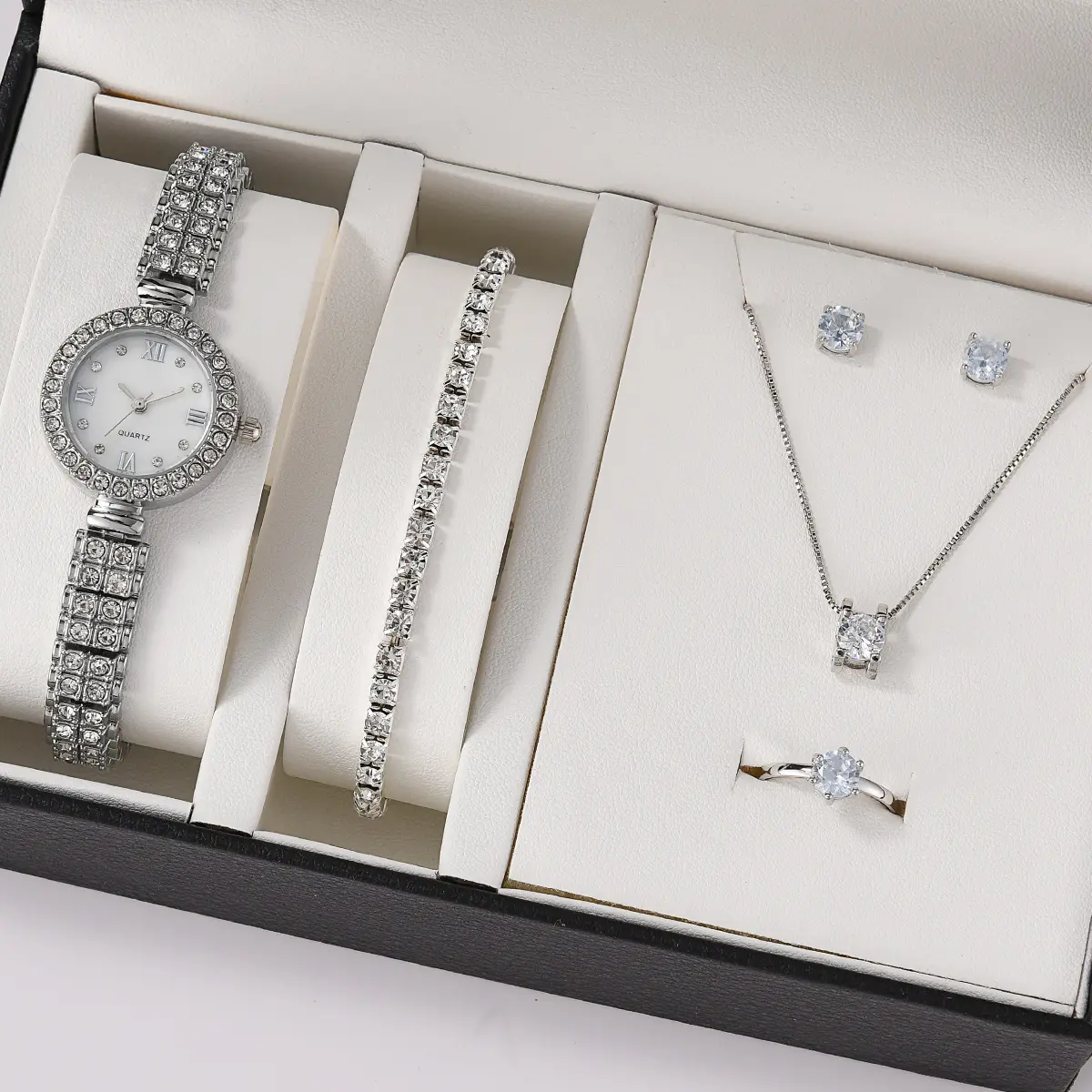 Moda 5pcs Jóias Gift Set Rose Gold Ladies Watch Sets Quartz Geneva Diamond Bracelet Stud Earring Necklace Jewelry Set