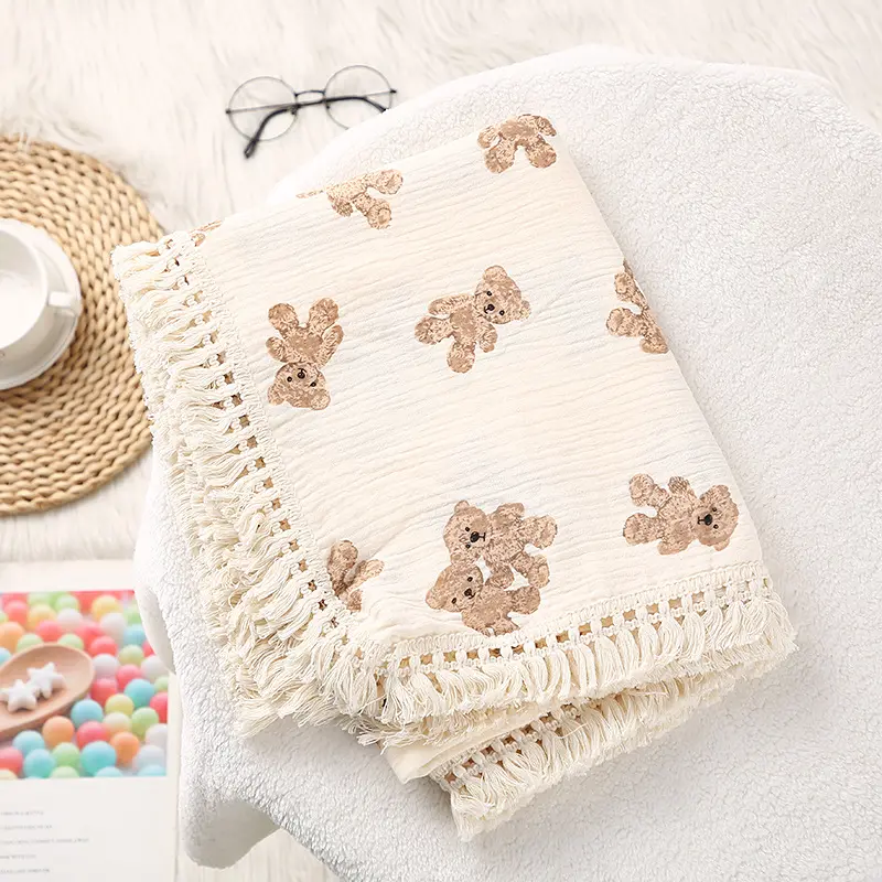 Custom Impresso Padrão Boho Bebê Algodão Musselina Swaddle Quilt Cobertor com Franja para Decoração Bonito Berçário Boêmio