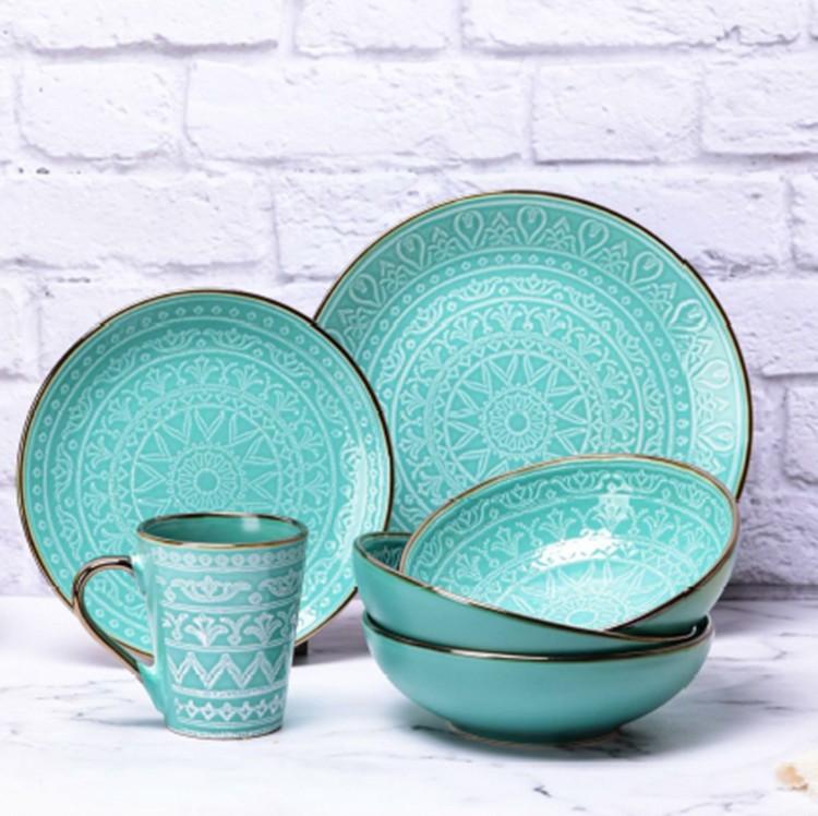 Hot sale Blue Green Brown PAD Printing Stoneware 18PCS Dinnerware Set luxury ceramic dinner set dinnerware for home