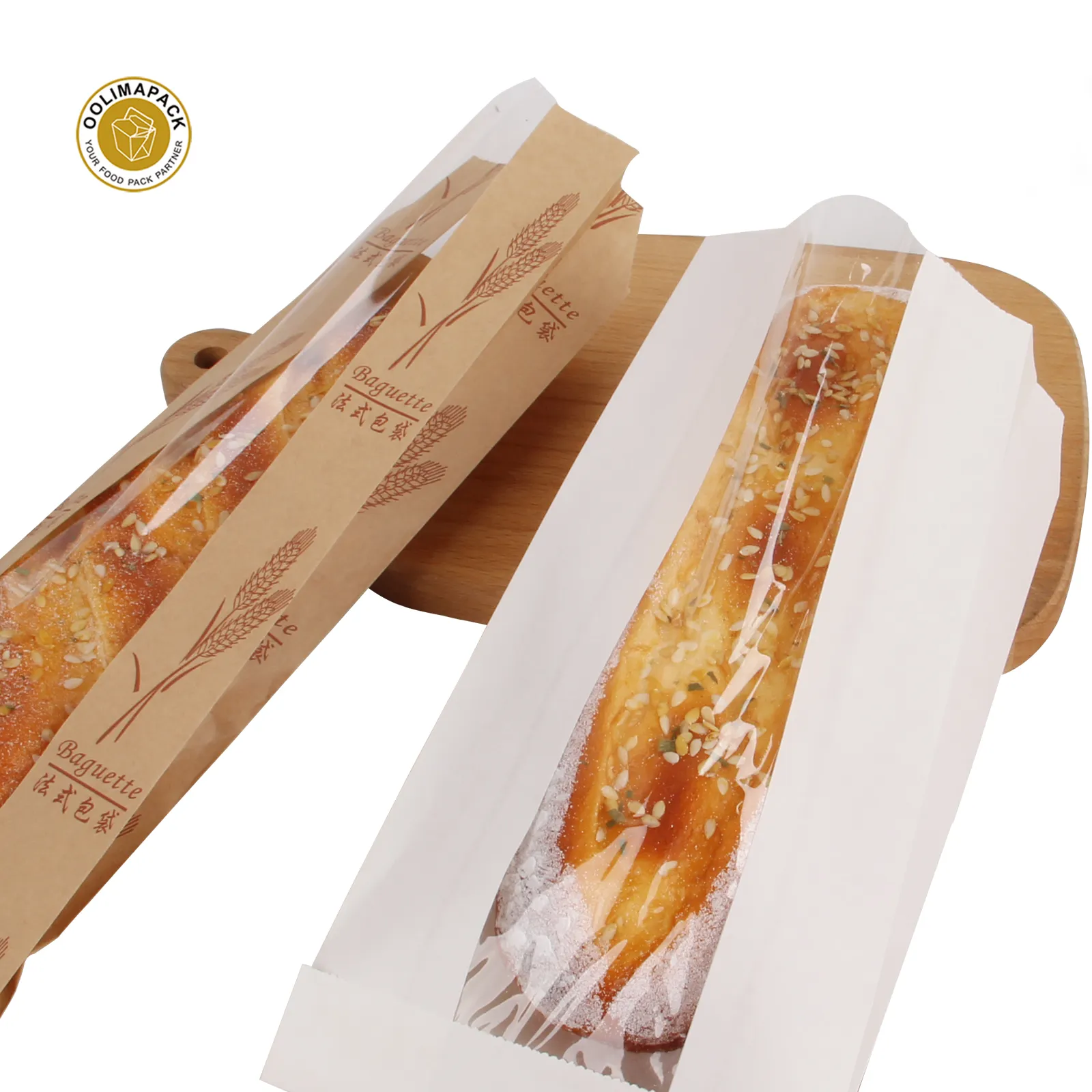 Embalaje de papel impreso personalizado, pan de panadería francesa, bolsas blancas kraft para pan con ventana