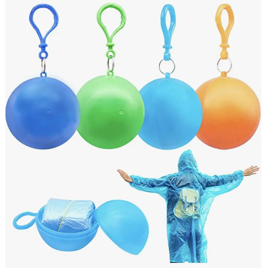 H496 Criativo Outdoor Camping Keychain Portable Spherical Case Raincoat Plastic Ball Chaveiro Poncho de chuva descartável