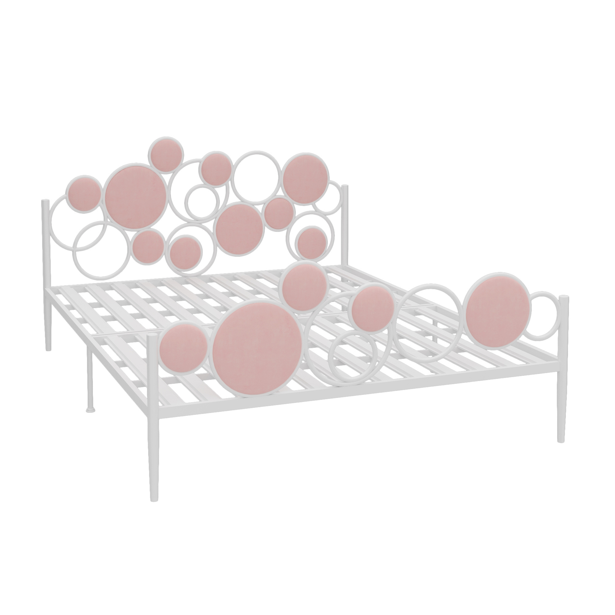 White bed frame with pink italian velvet (keel plate