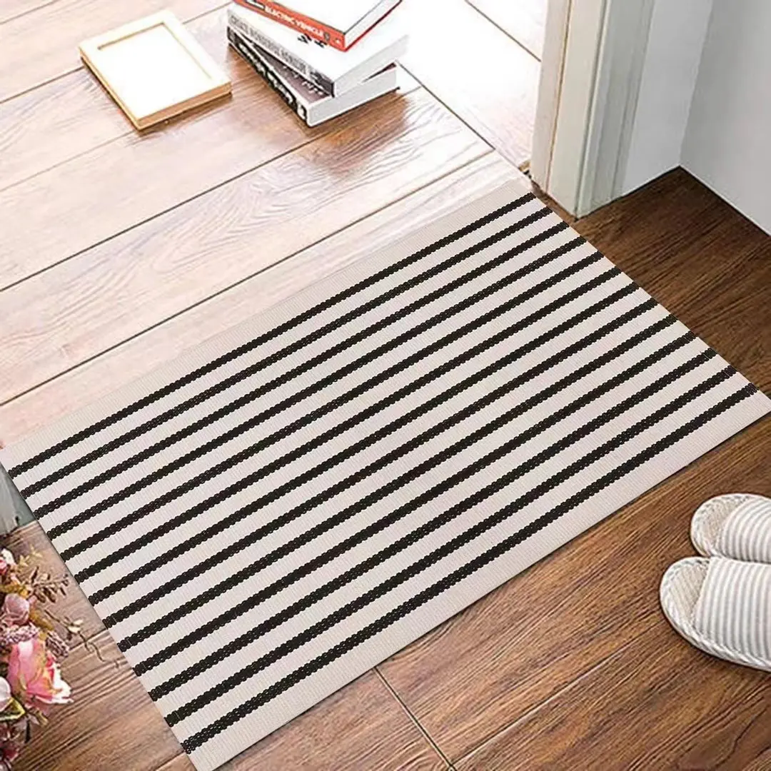 Alfombrilla de algodón para gatear de bebé, alfombra hecha a mano de tamaño personalizado para sala de estar, baño, a rayas, color blanco y negro