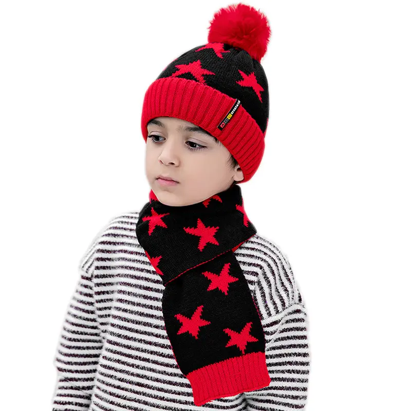 Wholesale Winter Kids Hat and Scarf Set Designer Cotton Jacquard Dinosaur Wool Hat with Velvet Warm Suit for Fishing