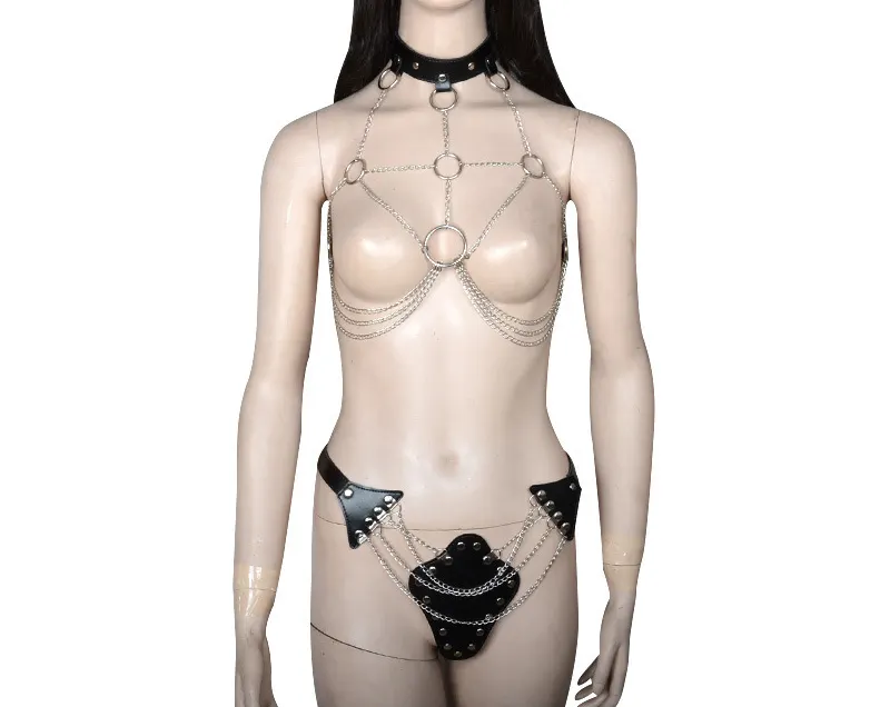 Neue Fetisch Sexy Kleidung Leder mit Metall Körper Harness für Weibliche tuch