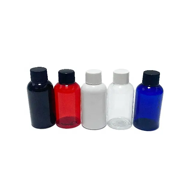 Botol PET Bulat Plastik Hitam Putih Merah 2 Oz 60 Ml dengan Tutup Atas Sekrup Liner Induksi Aluminium untuk Obat Minyak