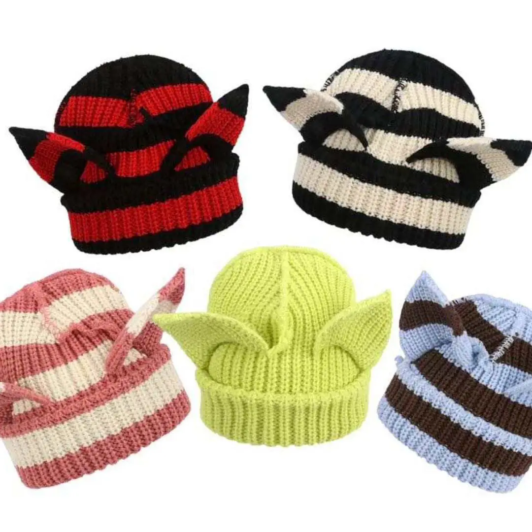 Bonnets tricotés avec oreilles d'elfe Harajuku Petit Diable Oreille de Chat Chapeau Chaud Femmes Filles Y2K Bonnets d'Hiver en Laine à Capuche
