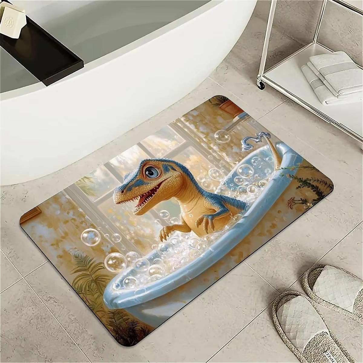 baby dinosaur in bathtub