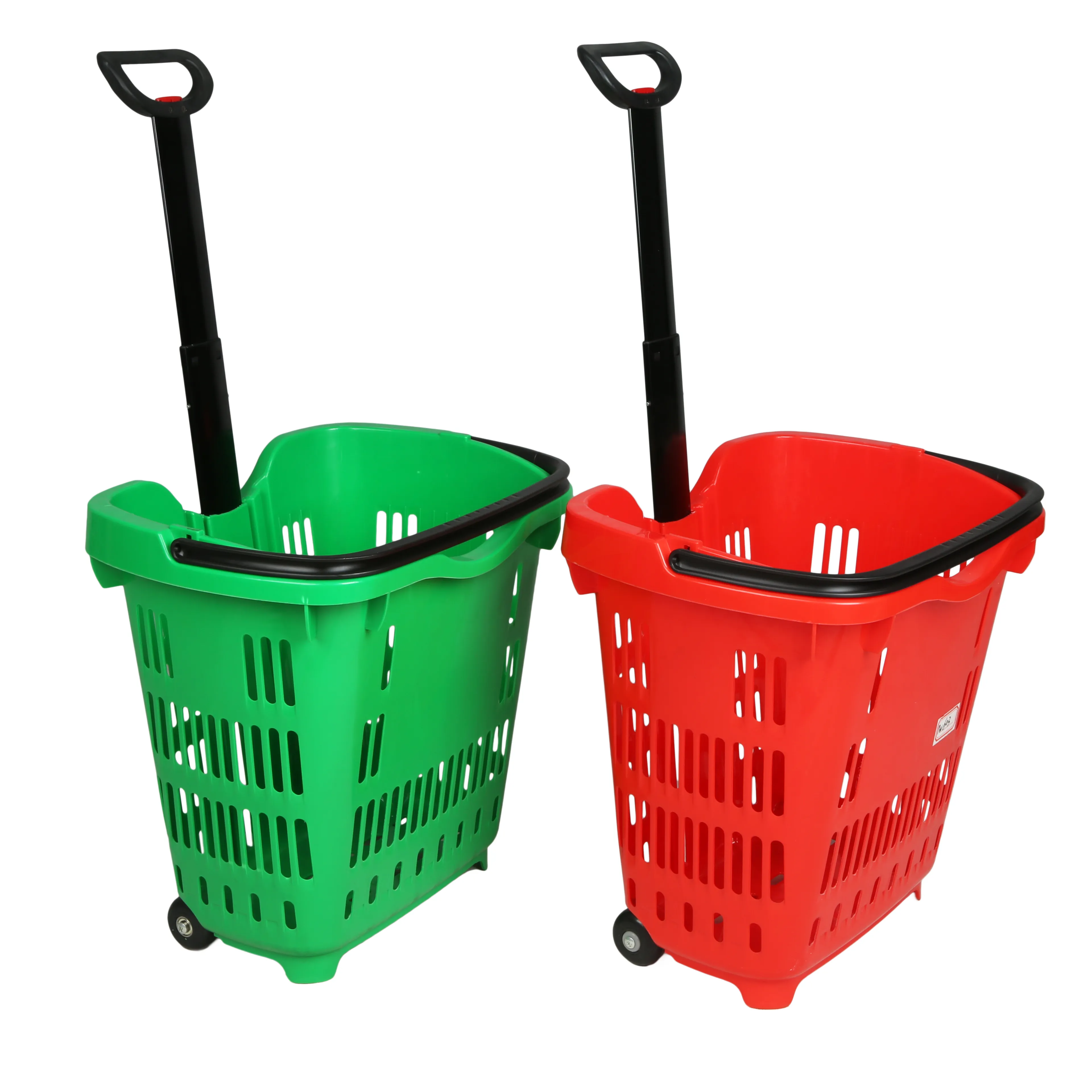 Cesta De Compras Supermercado Plástico Verde Personalizado OEM Mão Push Wheels 40L Com Alças
