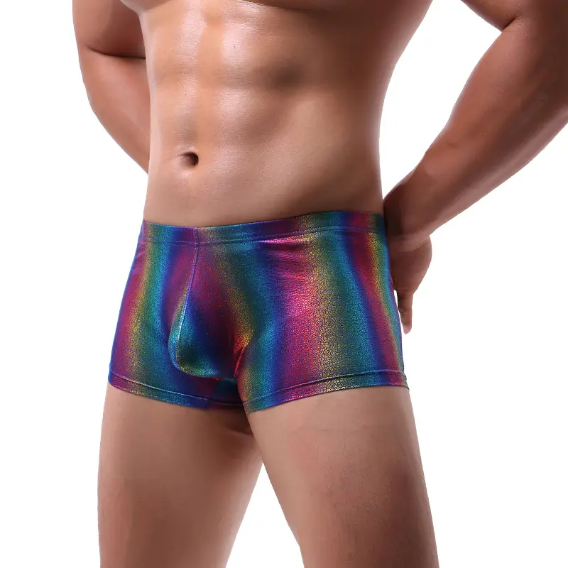 Sexy Mens Shiny Rainbow Pvc Leather Gay Mens Soft Underwear Boxer Shorts