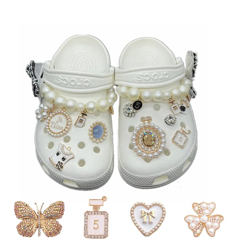 Venta caliente Bowknot mariposa perla aleación Metal Bling diseñador de lujo zapato encantos venta al por mayor zapato encantos para Crock encantos