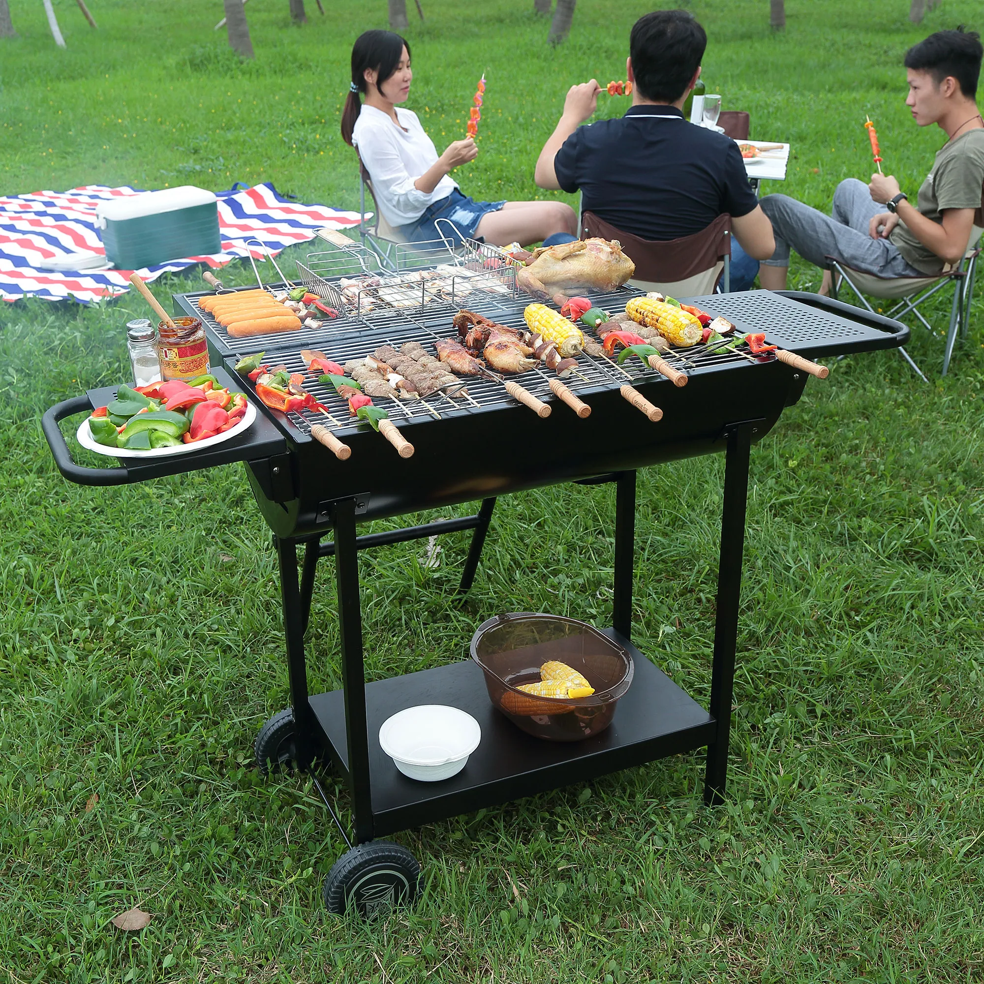 KAOKE-Parrilla de barbacoa portátil, parrilla de aire abierto de 29 pulgadas, plegable, negra, para el hogar, Patio, jardín, restaurante, Kebab, carne, pollo, cerdo