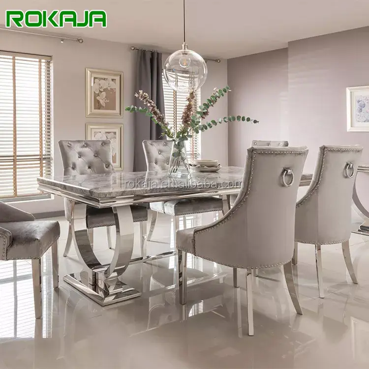 Conjunto de mesa de jantar, conjunto de metal de sala de jantar, moldura de prata, mármore, conjunto com 6 8 10, cadeiras de luxo, cozinha, restaurante, móveis