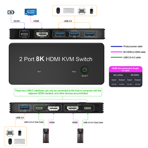 A088 8K 60Hz 4K 144Hz 2 Port KVM Switch 3x4 <strong>HDMI</strong> Switcher 3 <strong>Input</strong> 4 <strong>Output</strong> Support Led Indicator 3 in 4 Out USB 3.0 KVM Switch