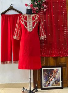 Indian Long Flared Naira Cut <strong>Red</strong> Color Kurti for Women Ready Made Indian Casual Wear Dresses Fully Stitched Kurti Palazzo Set